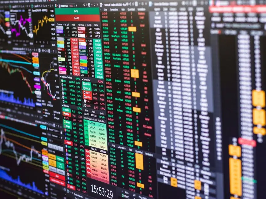 Detailed financial trading screen with colorful charts and data representing market fluctuations.